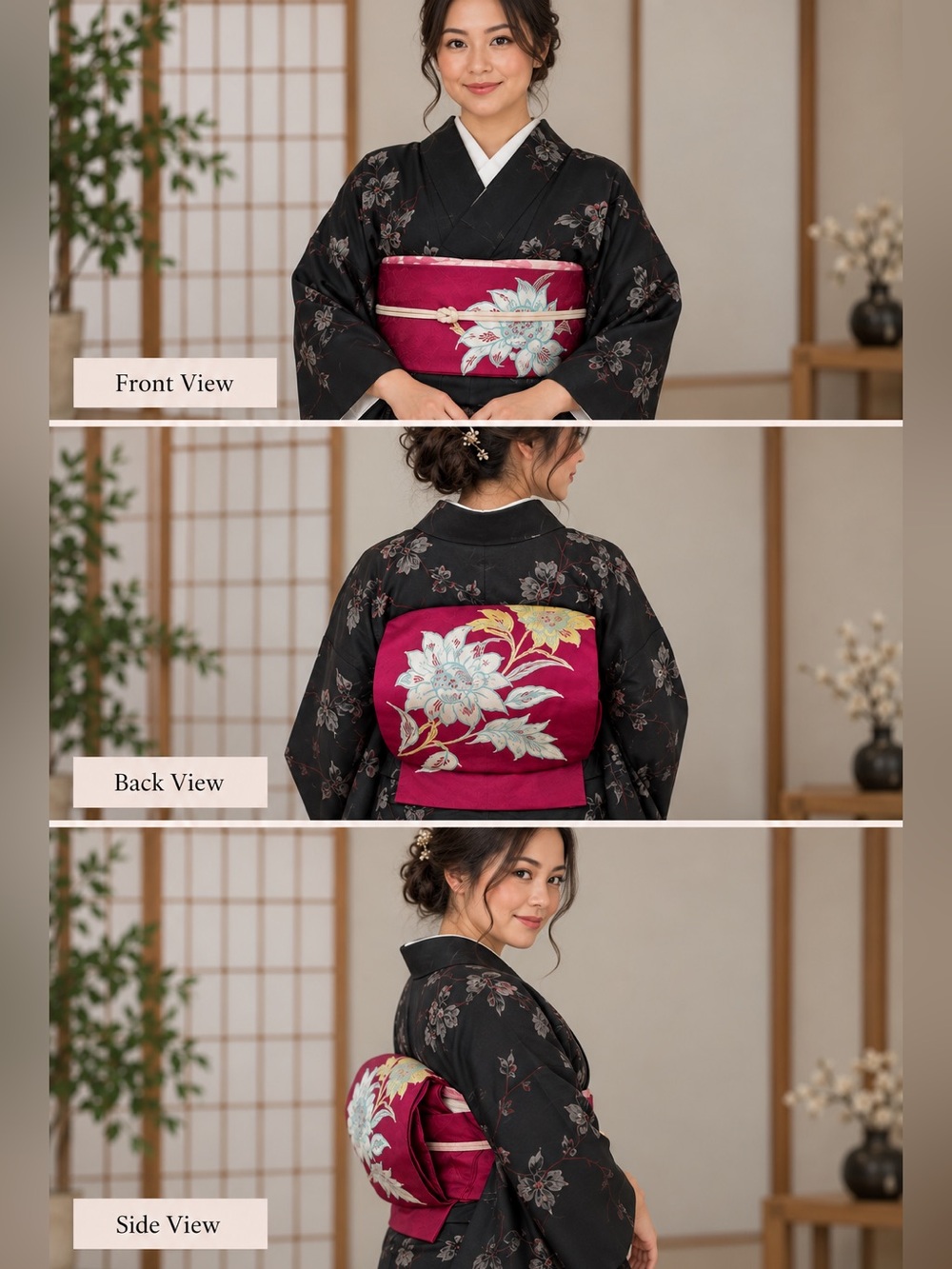 Vintage Japanese Nagoya Style Obi Magenta Floral Metallic 124โ